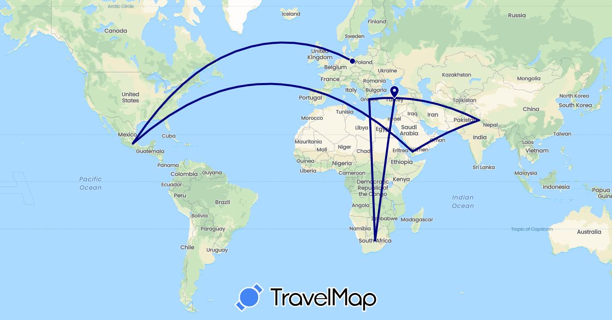 TravelMap itinerary: driving in Germany, Greece, India, Mexico, Turkey, Yemen, South Africa (Africa, Asia, Europe, North America)